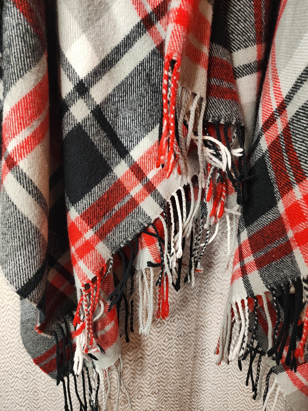 Plaid Fringe Open Poncho Wrap - Red, Black & White - Picture 3 of 3